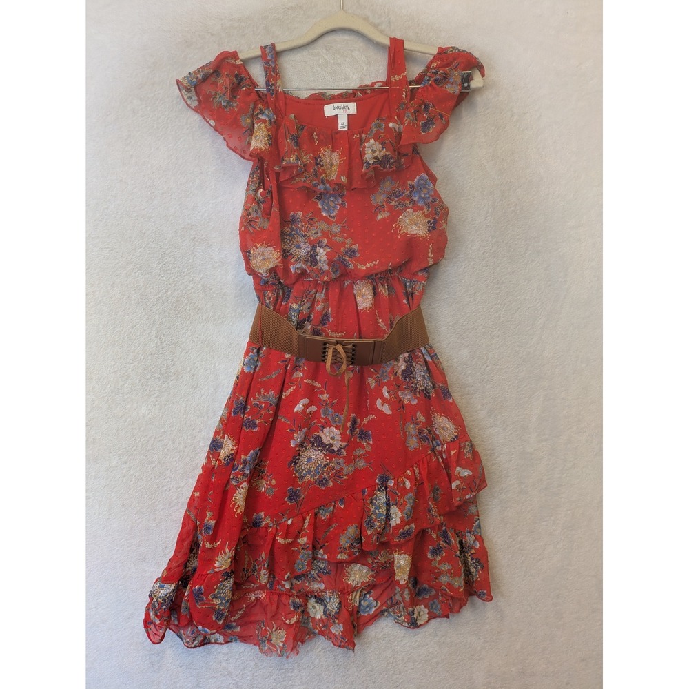 Speechless Kids Dress Girl's 12 Red Floral Cold Shoulder Ruffle Swiss Dot Belted